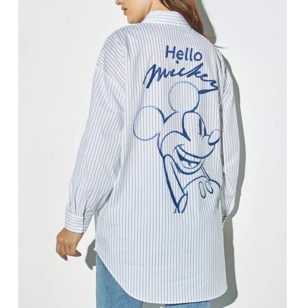 Disney Mickey Mouse Pinstripe Button Down Shirt White Blue Oversized Top a5